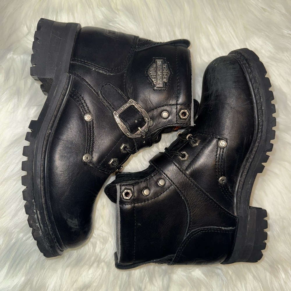 Harley Davidson 7 Black Hi Top Boots Leather Buckle Lace Up 81024 FADED GLORY 6” - Picture 2 of 6